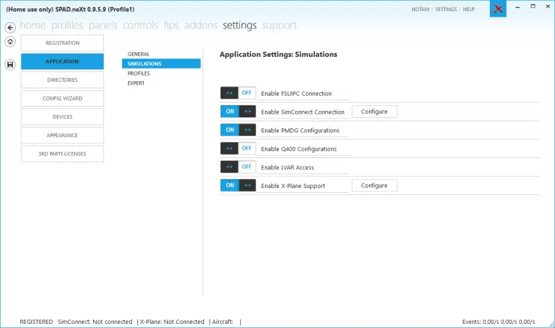 SPAD.neXt application simulation settings